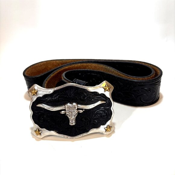 NWOT Justin Handcrafted Tooled Black Leather Belt With Longhorn Buckle - Picture 1 of 6